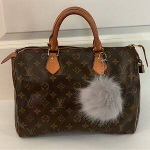 Louis Vuitton Brown Monogram Satchel with Gray Pom Pom Charm